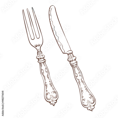 Vintage Ornate Fork and Knife Etching Showcasing Antique Silver Craftsmanship