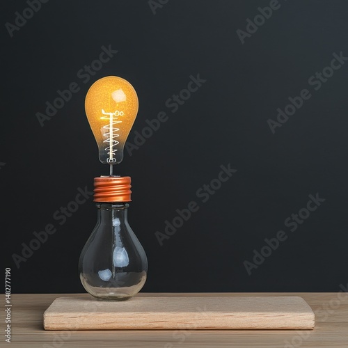 Creative Light Bulb Idea with Wood Base and Dark Background