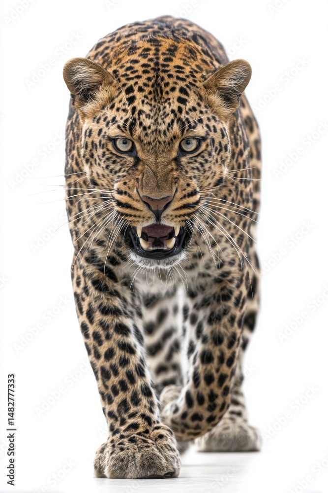 Obraz premium Leopard Walking Forward Snarling Showing Teeth Low Angle Isolated on White Background Studio Shot