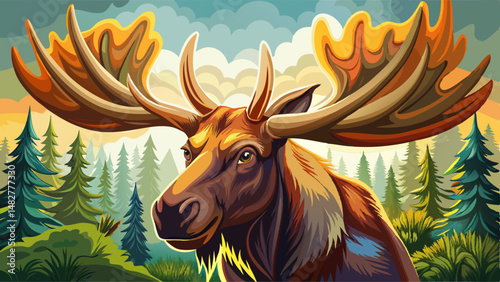 Close up  portrait A bull moose standing looking straight ahead  very beautiful