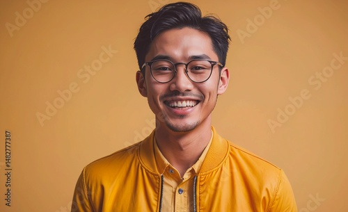 Man with glasses is smiling and wearing a yellow jacket. Concept of warmth and happiness, as the man's smile and the bright color of his jacket create a positive and inviting atmosphere