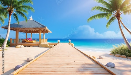 Fototapeta Naklejka Na Ścianę i Meble -  Serene Tropical Beach Gazebo Wooden Walkway to Paradise