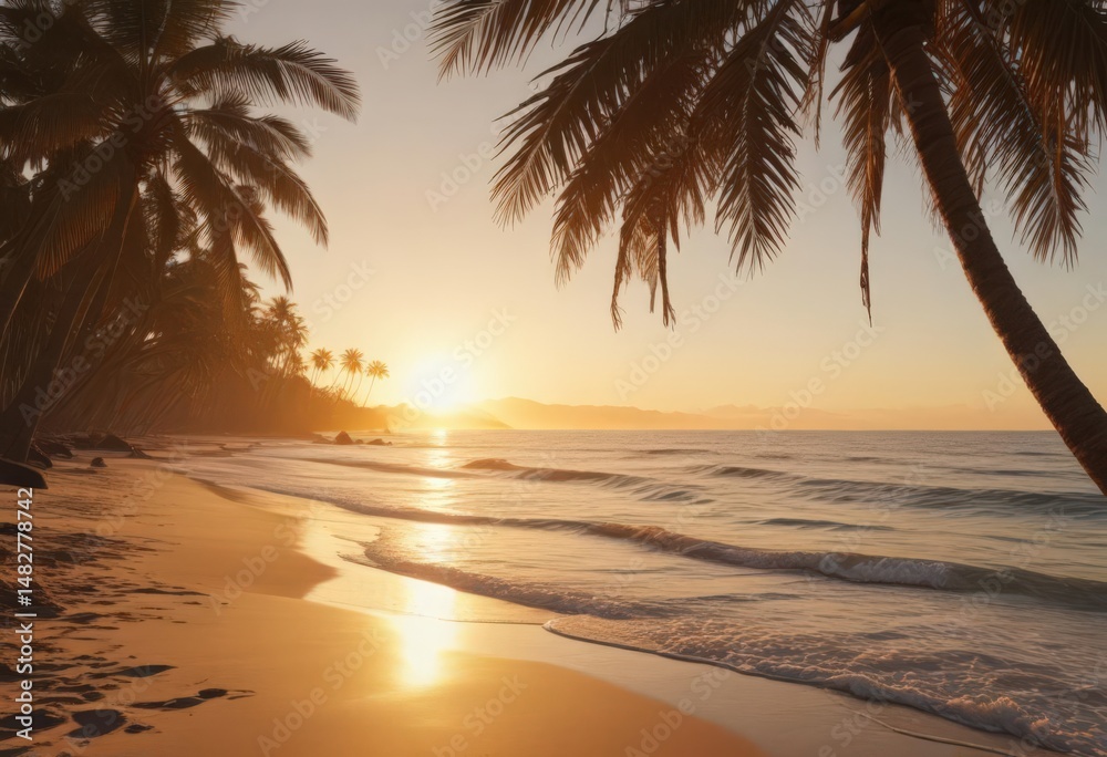 Fototapeta premium Golden hour light bathes palm-lined shore; aged film aesthetic , landscape, film effect