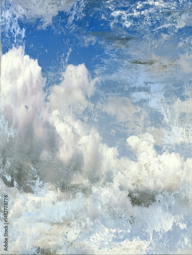 Abstract sky with fluffy clouds against blue backdrop; artistic view of heaven, ethereal and dreamy atmosphere, digital art