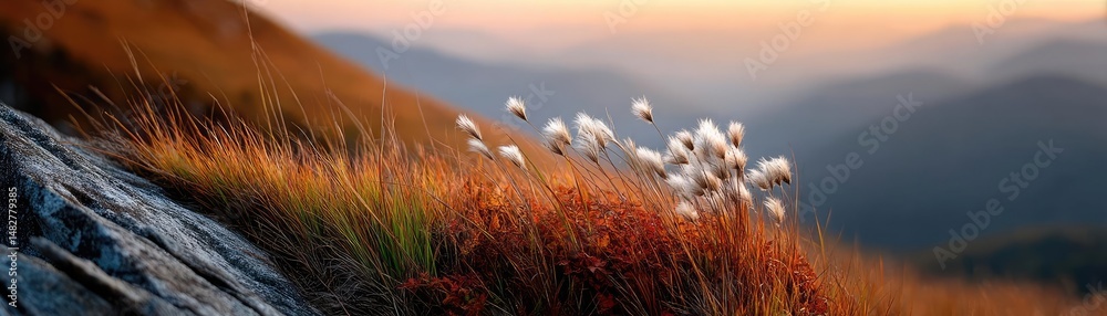 Obraz premium Blowing in the wind on grassy hill with dreamy sky concept. A serene mountain scene with vibrant grass and soft clouds.
