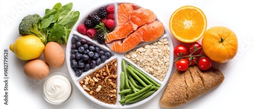 Healthy food plate overhead shot featuring salmon berries grains nuts and vegetables for balanced diet on white background