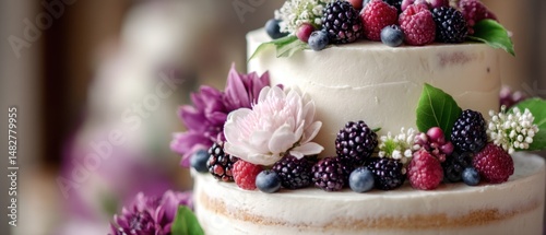 Elegant two tier wedding cake decorated with fresh berries and flowers close up shot of dessert for special occasion