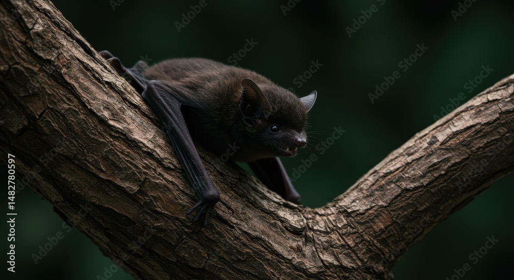 Obraz premium Black Bat Perched on Tree Branch