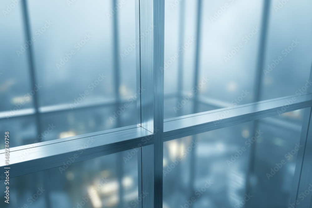 Fototapeta premium Abstract view looking out skyscraper window at night city lights in soft focus from high angle