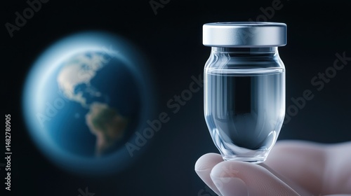 Glass vial with liquid in focus and Earth in the background