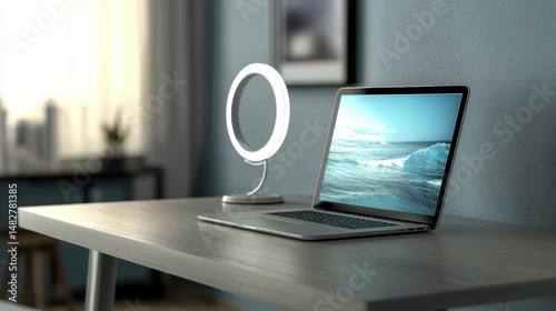 Empty desk with ring light and open laptop showing online collaboration software