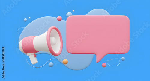 3D Illustration Of Pink And White Megaphone Near Speech Bubble On Blue Backdrop