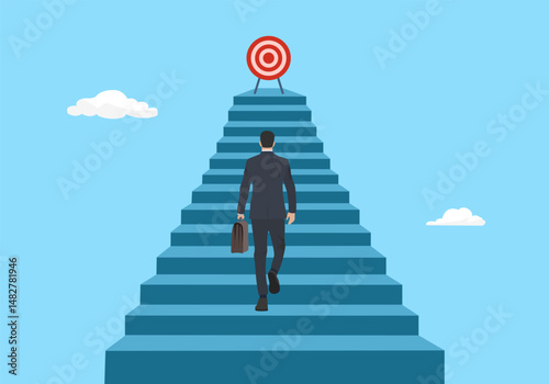 Businessman running up stairway to the top of target, Business concept growth and the path to success, Flat design vector illustration