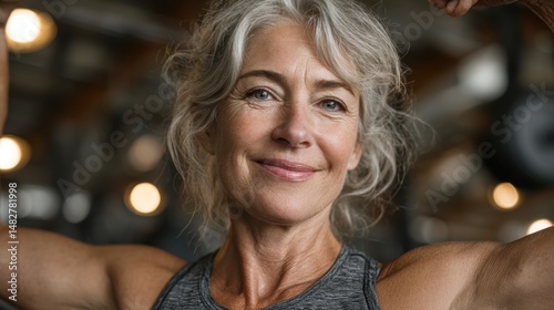A senior woman proudly flaunting her fitness achievement after completing a workout.