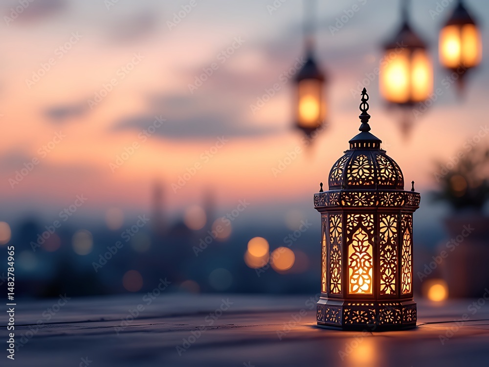 Fototapeta premium Elegant Ramadan lanterns with glowing lights and intricate Islamic patterns. Perfect for festive, spiritual, holy month, and cultural themes in religious or seasonal design projects. Copy Space
