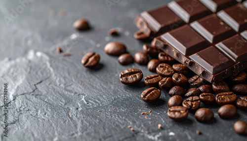 Dark Chocolate and Coffee Beans on Stone Surface in Luxurious Moody Setting photo