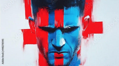 Man's face in intense blue and red hues, brushstrokes forming distinct lines. Striking portrait art photo