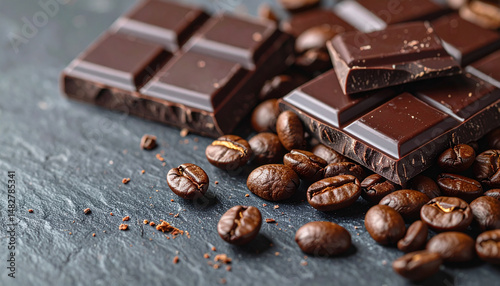 Dark Chocolate and Coffee Beans on Stone Surface in Luxurious Moody Setting photo
