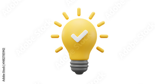 3D Rendered Yellow Lightbulb With Checkmark On White Background Symbolizing Success And New Idea