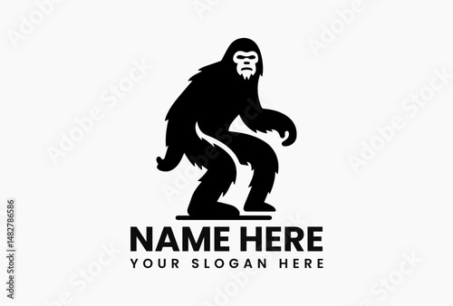 Stylized black Bigfoot creature walking in profile as white background vector silhouette. Cryptozoology concept  