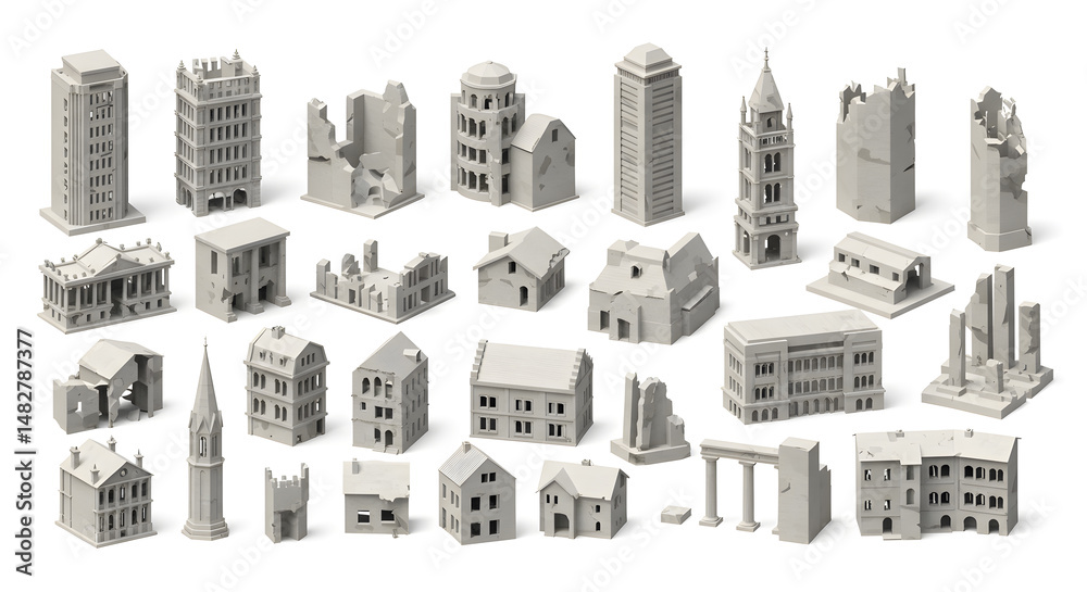 Obraz premium 3D Voxel Art Collection of Buildings Various Architectural Styles and Damage Isolated White Background