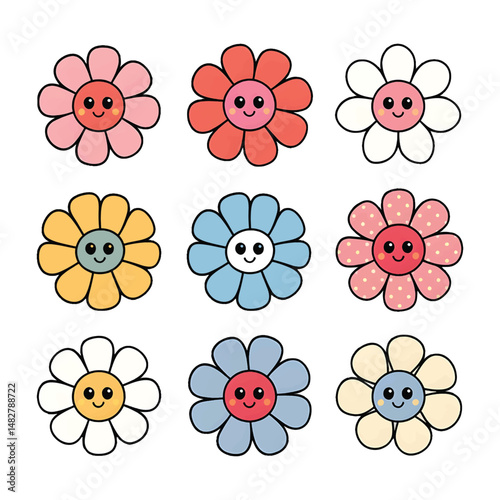 Collection of Cute Retro Flowers with Smiling Faces