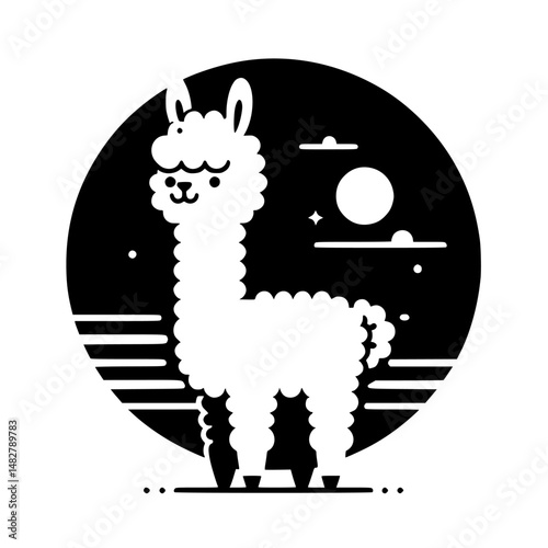 Black and White Llama Illustration in Night Sky Circle