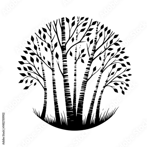 Minimalist Aspen Grove Silhouetted in a Circle, Black and White Art