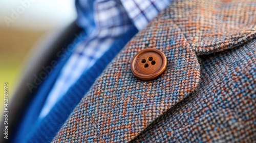 Closeup of a tweed jacket with wooden button