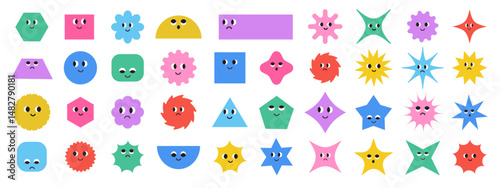 Cute colorful basic Geometric Figures with face emotions. Set of different shapes square, circle, rectangle, flower, star, rhombus, hexagon etc. Funny characters. Trendy vector illustration for kids