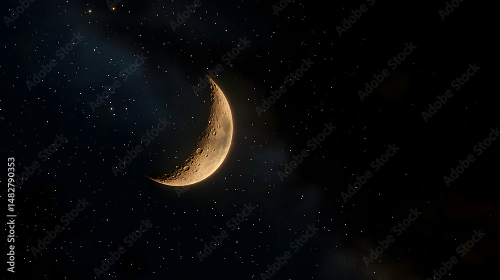 Crescent moon bathed in starlight, a small sliver of luminous light against a dark night sky filled with distant, twinkling stars Crescent moon bathed in starlight, a small sliver of luminous light against a dark night sky filled with distant, twinkling stars