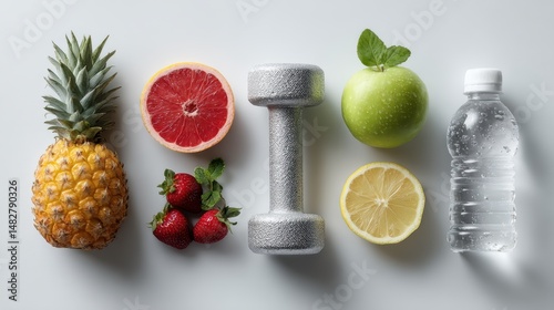 A collection of healthy lifestyle essentials like fruits, weights, and water, styled on a white background