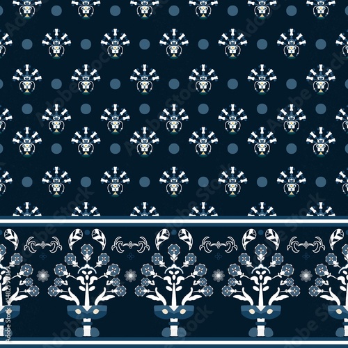 Indian ethnic tribal fabric pattern showcases timeless elegance through its classic base tones, ethnic contrasted beautifully with rich blue highlights. The lower pattern detail ethnic enhances its un