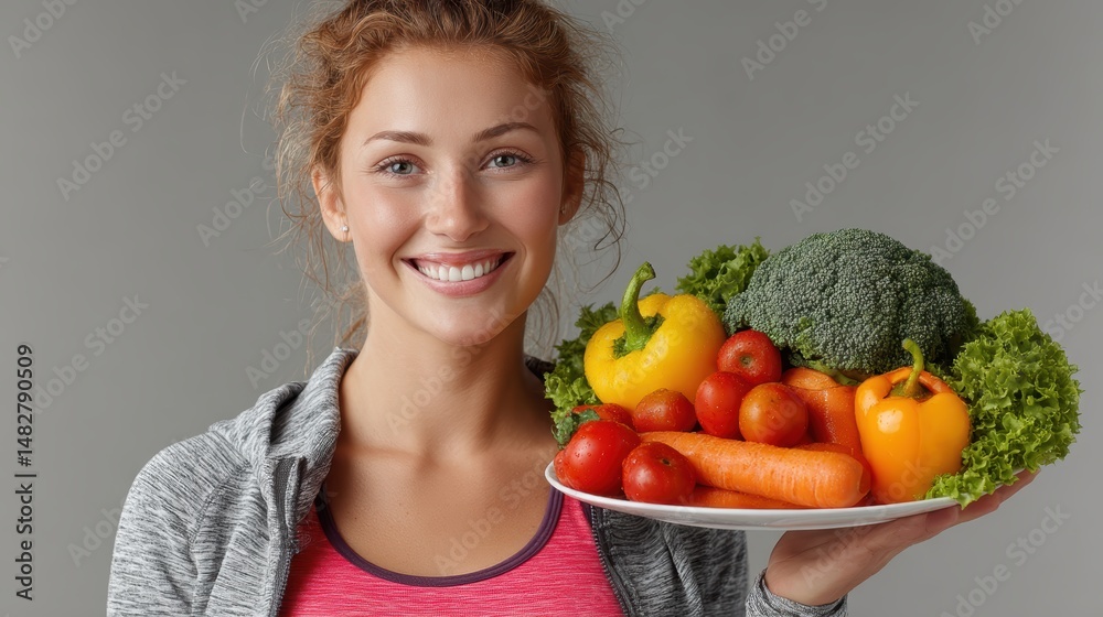 A joyful woman showing a plate of vegetables, symbolizing her commitment to healthy eating and fitness