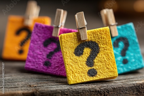 Colorful question marks on small squares, held by clothespins on a rustic wooden surface