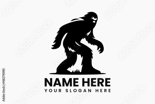 Stylized black Bigfoot creature walking in profile as white background vector silhouette. Cryptozoology concept  
