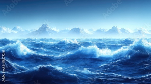 Wallpaper Mural Vast ocean waves crash against distant snow-capped mountains Torontodigital.ca