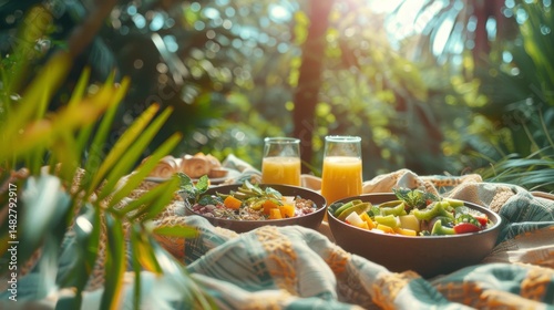 dynamic outdoor scene of tropical picnic with smoothie bowls, palm trees, candid style, bright midday sunlight, vivid yellow and green tones, wide-angle composition with blanket in foreground