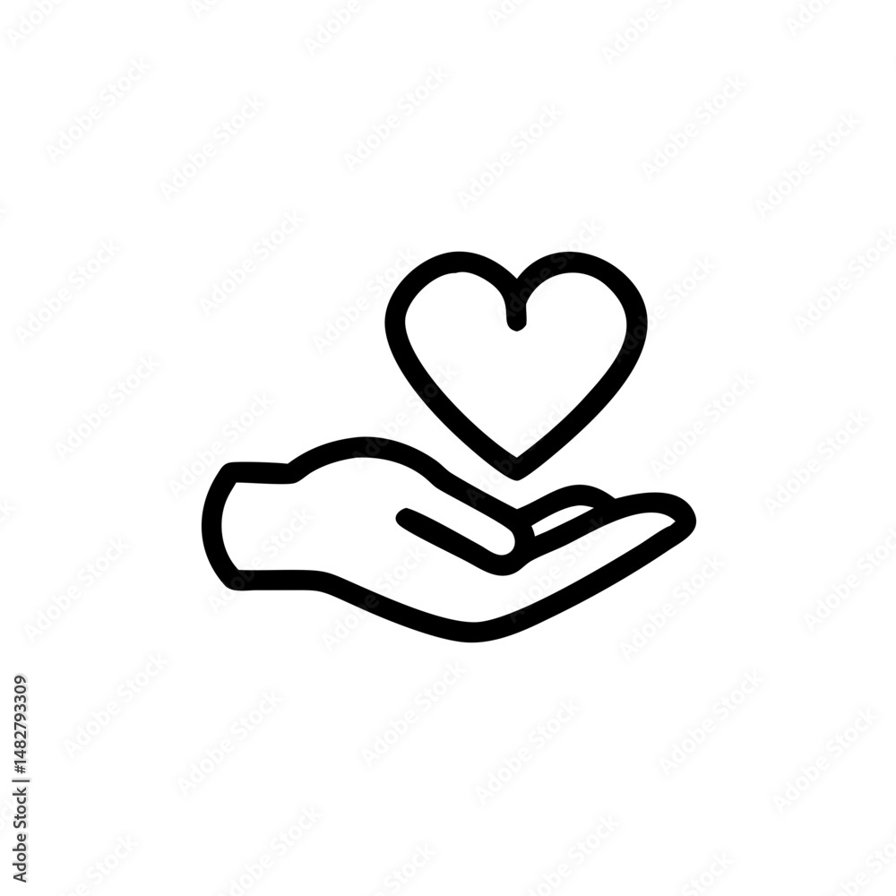 Fototapeta premium Outline icon of a hand holding a heart. Symbol of love, charity, kindness, health, and emotional care. Perfect for nonprofits, donations, healthcare, and community support.