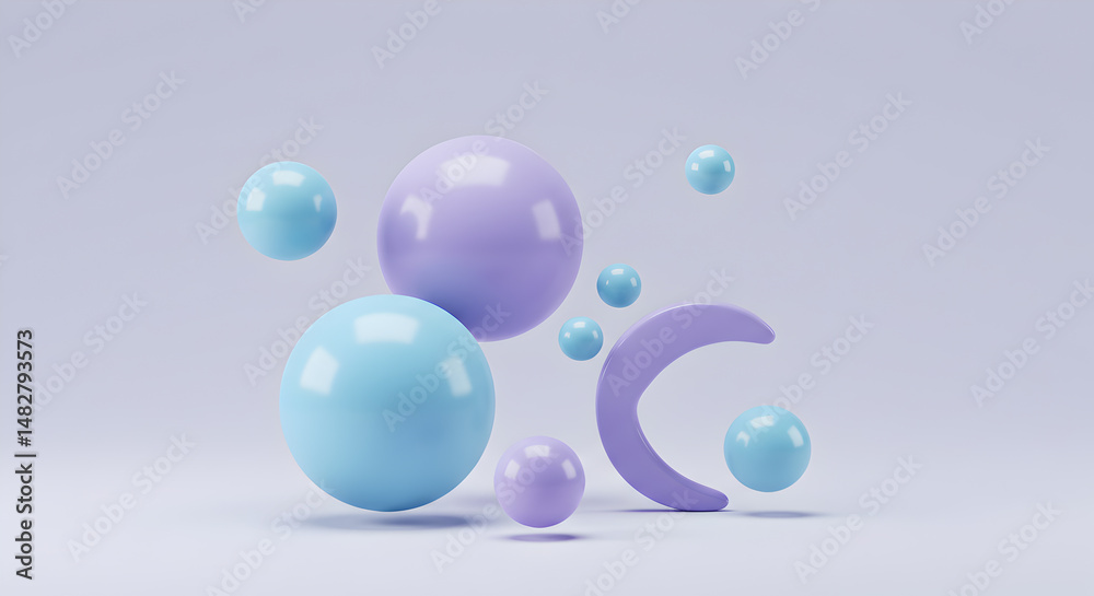 Abstract Composition Of Floating Spheres And Crescent In Pastel Colors Abstract Composition Of Floating Spheres And Crescent In Pastel Colors
