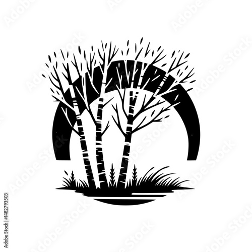 Minimalist Birch Forest Icon, Black and White Silhouetted Illustration
