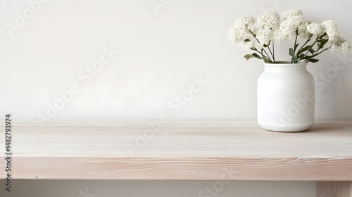 Whitewashed wooden table with a smooth finish and a vase of flowers