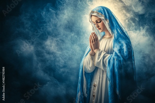 a serene image of Our Lady (Nossa Senhora) in a flowing blue and white robe, hands together in prayer, surrounded by soft light and clouds, peaceful heavenly atmosphere, divine presence