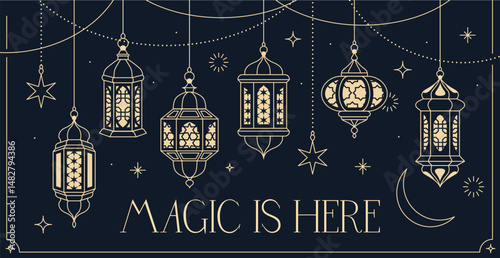 Banner with hanging arabic lanterns. Poster or greeting card for traditional Muslim holiday with golden stars and crescent moon. Outline vector illustration