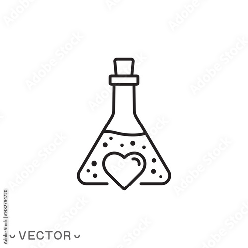 chemistry love icon, flask with heart concept, romantic tube, thin line symbol isolated on white background, editable stroke eps 10 vector illustration