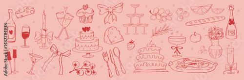 Wedding dinner icons. Sketch style stickers with festive food, champagne, cake, glass of wine and Italian cuisine. Design for holiday invitations. Hand drawn vector illustration set