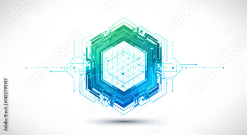 Abstract Digital Technology Design Hexagonal Shape with Blue Green Circuit Board Elements
