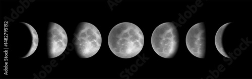 Crescent moon phases at night sky. Diagram or banner showing different phases of lunar satellite from eclipse, waning and waxing, to full moon. Astronomical cycle. Realistic 3D vector illustration