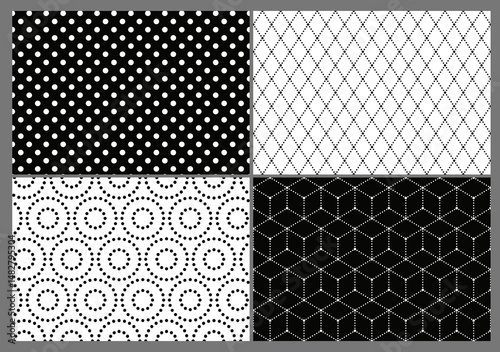Set of geometric seamless patterns. Repeating classic ornaments with polka dots, cross rhombus, circles and dashed cubes. Design Elements for Print. Flat vector illustration