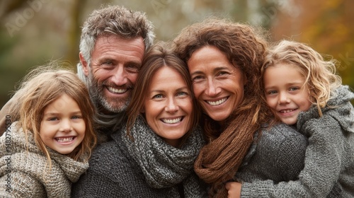Smiling family group hug moment in a park during spring